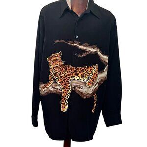 Black Long Sleeve Koman Mens Button Up Shirt Leopard On Branch Size XL - READ